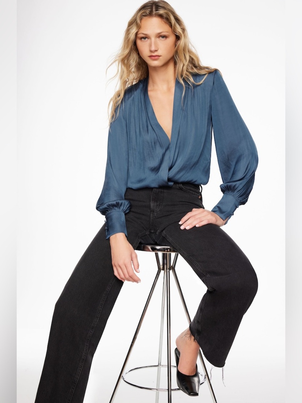 Long Sleeve Satin Wrap Bodysuit Ensign Blue